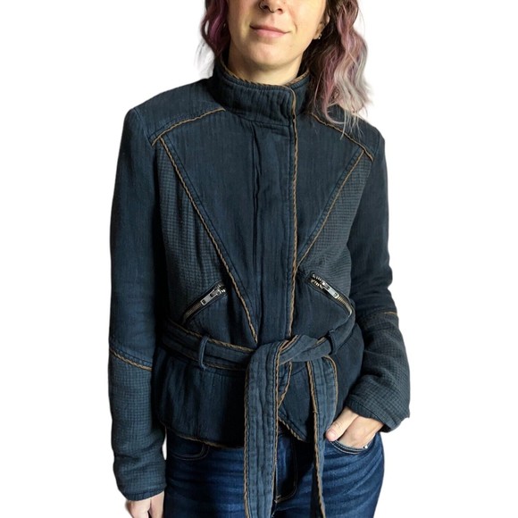 Free People Navy Blue Moto Jacket Size S Belted Full Zip Distressed Cotton - Picture 9 of 17